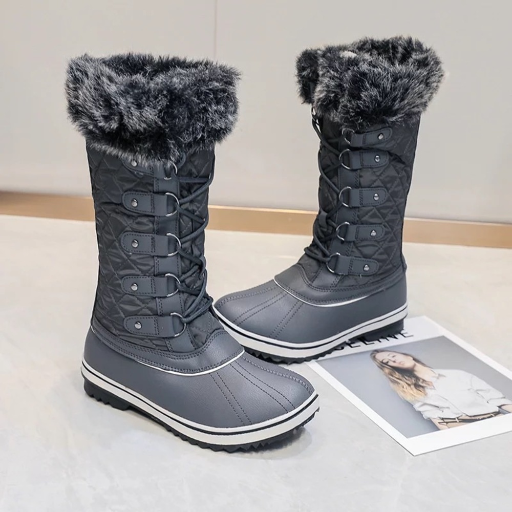 Womens Black Snow Boots Faux Fur Lined Lace Tie Thick Warm Heavyweight - Picture 7 of 9